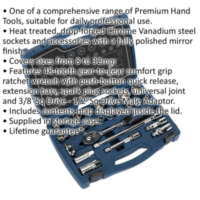 26pc PREMIUM Deep Socket & Ratchet Handle Set 1/2" Square Drive 6 Point Metric