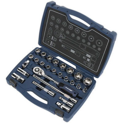26pc PREMIUM Deep Socket & Ratchet Handle Set 1/2" Square Drive 6 Point Metric