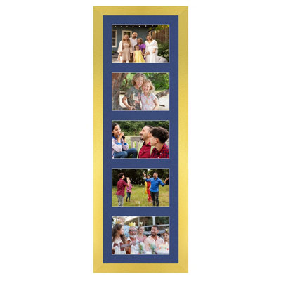 26X8 Gold Modern Multi Photo Frame with Blue Mount - Holds 5 Apertures ...