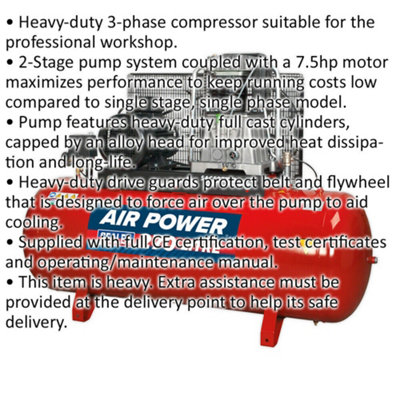 270 Litre Belt Drive Air Compressor - 2-Stage Pump System 7.5hp Motor - 3 Phase