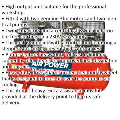 270 Litre Belt Drive Air Compressor - Dual 3hp Motors & Pumps - Single Phase