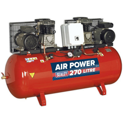 270 Litre Dual Motor Belt Drive Air Compressor with Cast Cylinders for ...