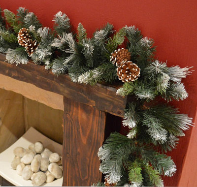 270cm x 25cm Artificial Snow Frosted Glacier Indoor Christmas Garland Pine Cones