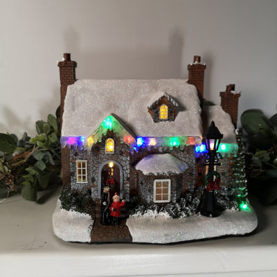 27cm Light Up Multi Coloured Christmas House Scene With Lamp Battery ...