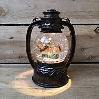 27cm Snowtime Dual Power LED Christmas Glitter Water Spinner Antique Lantern Robin Scene