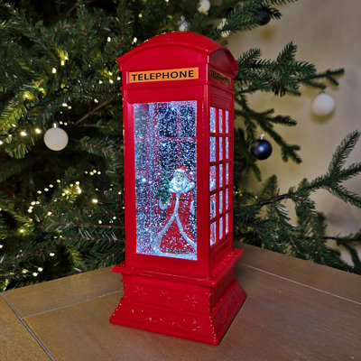 27cm Snowtime Dual Power LED Christmas Glitter Water Spinner Red Phone Box Santa Scene