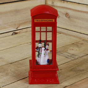 27cm Snowtime Dual Power LED Christmas Glitter Water Spinner Red Phone Box Snowman Scene