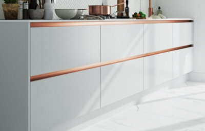 A close up view of a white gloss kitchen cabinets with rose gold background.