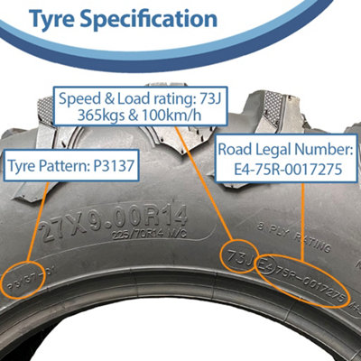 27x9.00R14 (225/70R14) ATV Tyre 8ply P3137 OBOR Outslope 73J E-Marked ...
