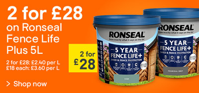 2 for £28 on Ronseal Fence Life Plus 5L. 2 for £28 is £2.40 per L, £18 each is £3.60 per L. Shop now