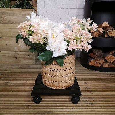 28cm Black Square Wooden Garden Plant Pot Flower Trolley Stand On Wheels - 3