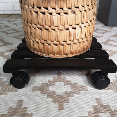 28cm Black Square Wooden Garden Plant Pot Flower Trolley Stand On Wheels - 4