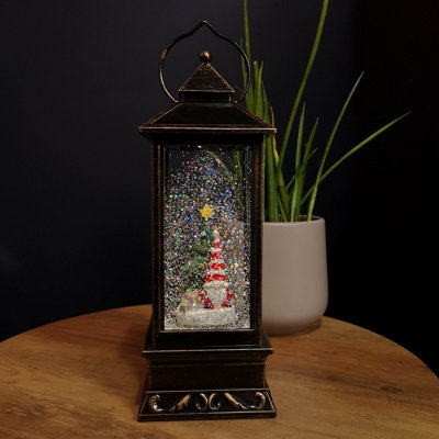 28cm LED Christmas Glitter Water Spinner Antique Lantern Snowy Gonk Scene