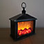 28cm Premier Christmas Battery Fireplace Lantern with Realistic Flame Effect in Rustic Silver