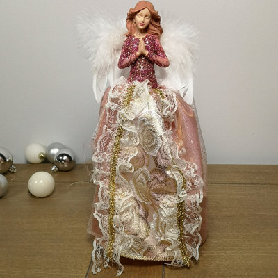 28cm Premier Christmas Tree Topper Angel Decoration with Feather Wings in Pink & Gold