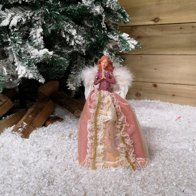 28cm Premier Christmas Tree Topper Angel Decoration with Feather Wings in Pink & Gold - 4