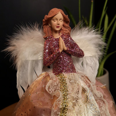28cm Premier Christmas Tree Topper Angel Decoration with Feather Wings in Pink & Gold - 5