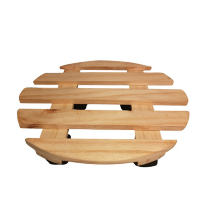 28cm Round Wooden Garden Plant Pot Flower Trolley Stand on Wheels