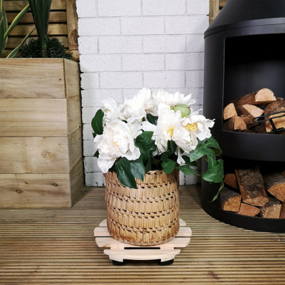 28cm Round Wooden Garden Plant Pot Flower Trolley Stand on Wheels - 3