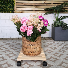 28cm Square Wooden Garden Plant Pot Flower Trolley Stand On Wheels