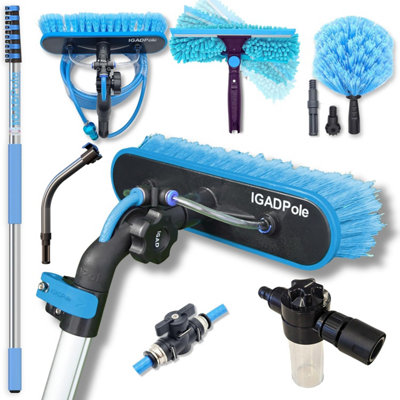 28ft IGADPole Washing Kit: Water-fed Brush, Cobweb Duster 10in Squeegee & Soap Dispenser, with 6-stage Telescoping Pole (8,6m)