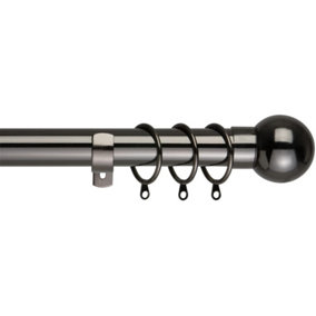 28mm Ball End Metal Curtain Pole Set 120-210cm Black Nickel Finish with Rings, Finials, Brackets & Fittings