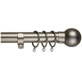 28mm Ball End Metal Curtain Pole Set 120-210cm Satin Nickel Finish with Rings, Finials, Brackets & Fittings