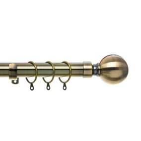 28mm Ball End Metal Curtain Pole Set 70-120cm Antique Brass with Rings, Finials, Brackets & Fittings