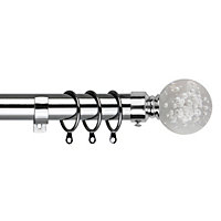 28mm Bubble Metal Curtain Pole Set 120-210cm Chrome Finish with Rings, Finials, Brackets & Fittings