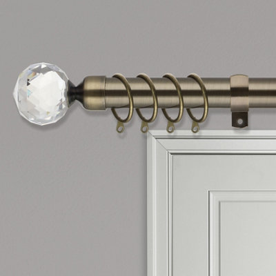 28mm Crystal End Metal Curtain Pole Set 120-210cm Antique Brass with Rings, Finials, Brackets & Fittings