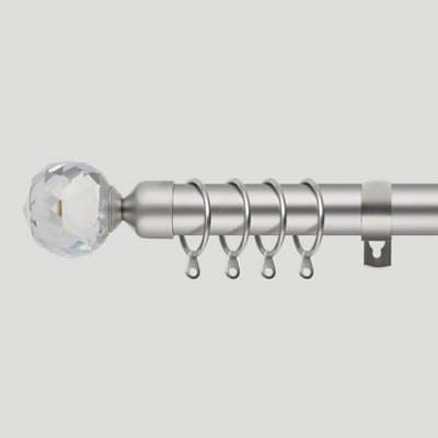 28mm Crystal End Metal Curtain Pole Set 120-210cm Satin Nickel Finish with Rings, Finials, Brackets & Fittings