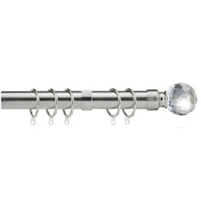 28mm Crystal End Metal Curtain Pole Set 120-210cm Satin Nickel Finish with Rings, Finials, Brackets & Fittings