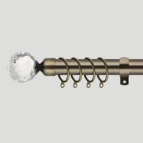 28mm Crystal End Metal Curtain Pole Set 210-300cm Antique Brass with Rings, Finials, Brackets & Fittings