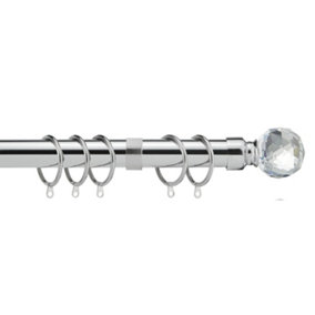 28mm Crystal End Metal Curtain Pole Set 210-300cm Chrome with Rings, Finials, Brackets & Fittings