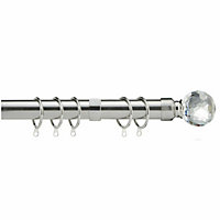 28mm Crystal End Metal Curtain Pole Set 210-300cm Satin Nickel Finish with Rings, Finials, Brackets & Fittings