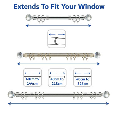 28mm Crystal End Metal Curtain Pole Set 210-300cm Satin Nickel Finish with Rings, Finials, Brackets & Fittings