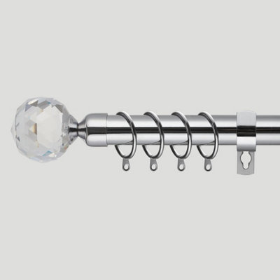 28mm Crystal Metal Curtain Pole Set 120-210cm Chrome Finish with Rings, Finials, Brackets & Fittings