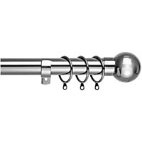 28mm Flat End Metal Curtain Pole Set 120-210cm Chrome Finish with Rings, Finials, Brackets & Fittings