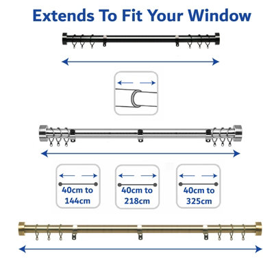 28mm Flat End Metal Curtain Pole Set 70-120cm Antique Brass with Rings, Finials, Brackets & Fittings