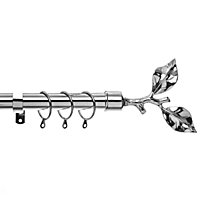 28mm Leaf Metal Curtain Pole Set 120-210cm Chrome Finish with Rings, Finials, Brackets & Fittings