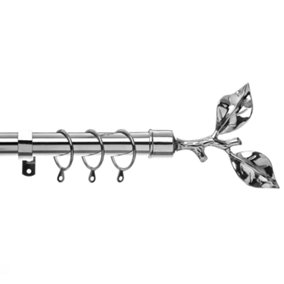 28mm Leaf Metal Curtain Pole Set 70-120cm Chrome Finish with Rings, Finials, Brackets & Fittings