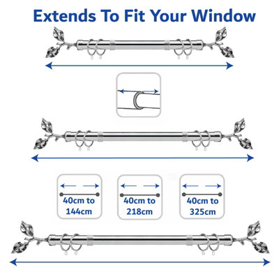 28mm Leaf Metal Curtain Pole Set 70-120cm Chrome Finish with Rings, Finials, Brackets & Fittings