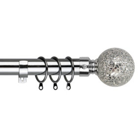 28mm Mosaic Metal Curtain Pole Set 120-210cm Chrome Finish with Rings, Finials, Brackets & Fittings