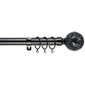 28mm Mosaic Metal Curtain Pole Set 210-300cm Black Nickel Finish with Rings, Finials, Brackets & Fittings