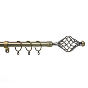 28mm Spiral End Metal Curtain Pole Set 120-210cm Antique Brass with Rings, Finials, Brackets & Fittings