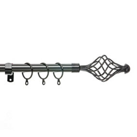 28mm Spiral Metal Curtain Pole Set 120-210cm Black Nickel Finish with Rings, Finials, Brackets & Fittings