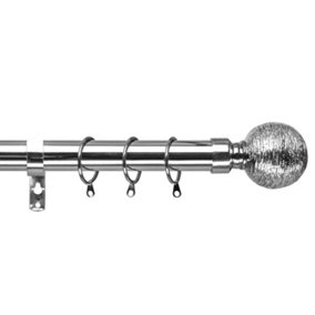 28mm Textured Finish Metal Curtain Pole Set 210-300cm Chrome Finish with Rings, Finials, Brackets & Fittings