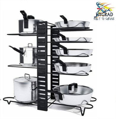 Hygrad Built to Survive 8-Tier Adjustable Pan & Pot Organizer Rack Heavy-Duty Iron Kitchen Cabinet Storage Shelf Stand For Pots, Pans, Dishes & Lids
