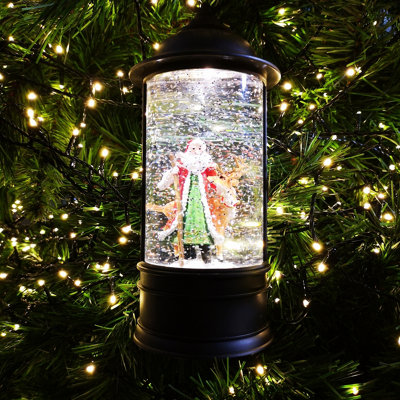 29cm Dual Power LED Christmas Glitter Water Spinner Black Lantern Santa & Reindeer Scene