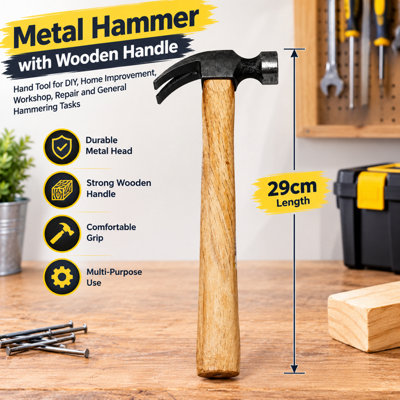 29cm Hammer with Metal Head & Wooden Handle, DIY Hand Tool for Repairs ...